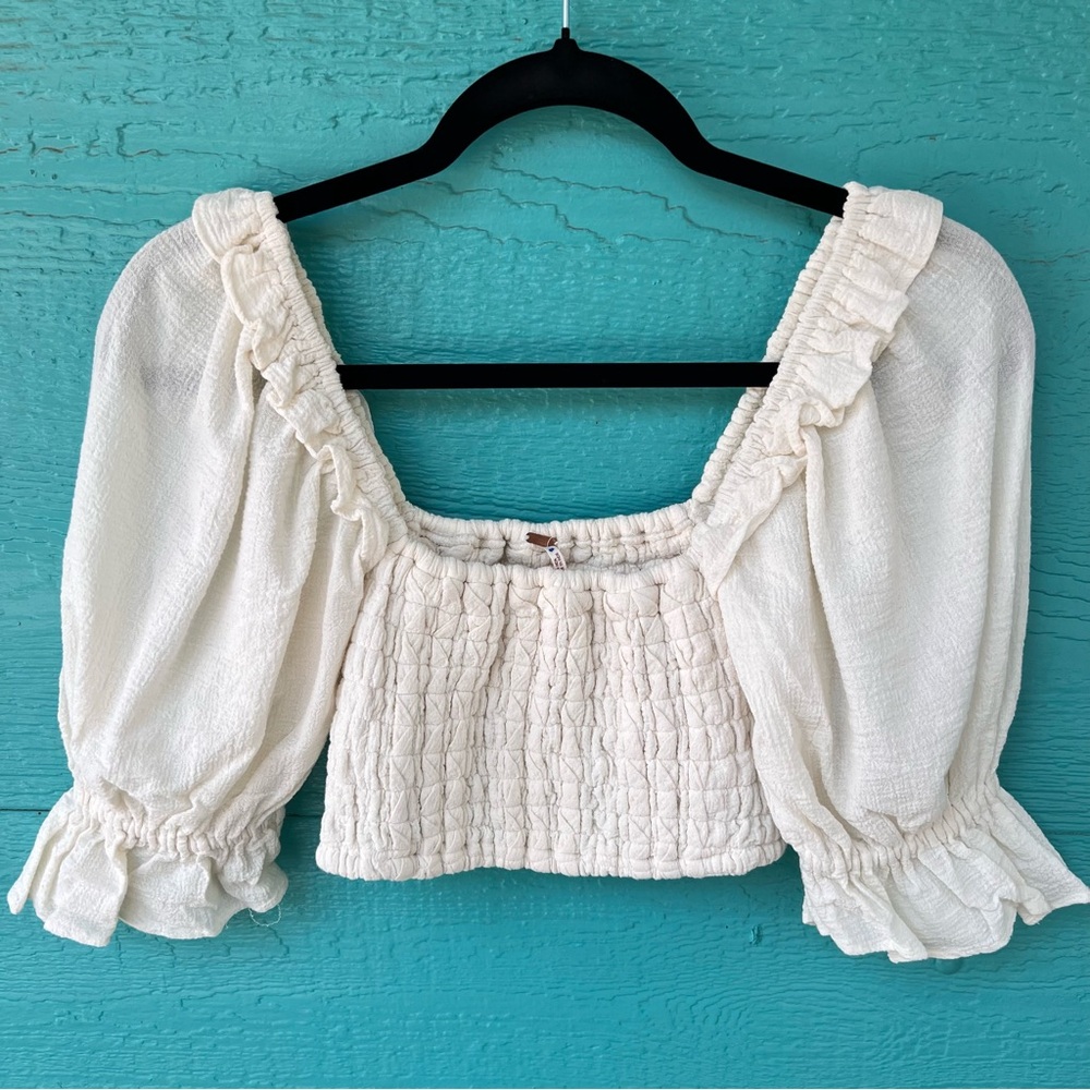 Free People At Ease Smocked Linen Ivory Crop Top Puff Sleeves Blouse Size Small
